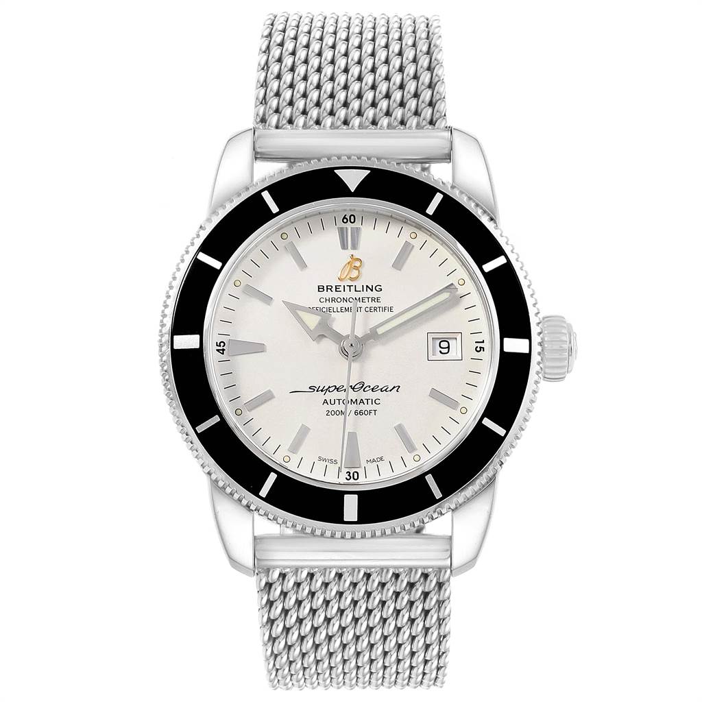 The image shows a front view of the Breitling Superocean A17321 Men
s Stainless Steel Silver Dial A17321 Men
s Stainless Steel Silver Dial watch, displaying its face, bezel, crown, and metal mesh band.