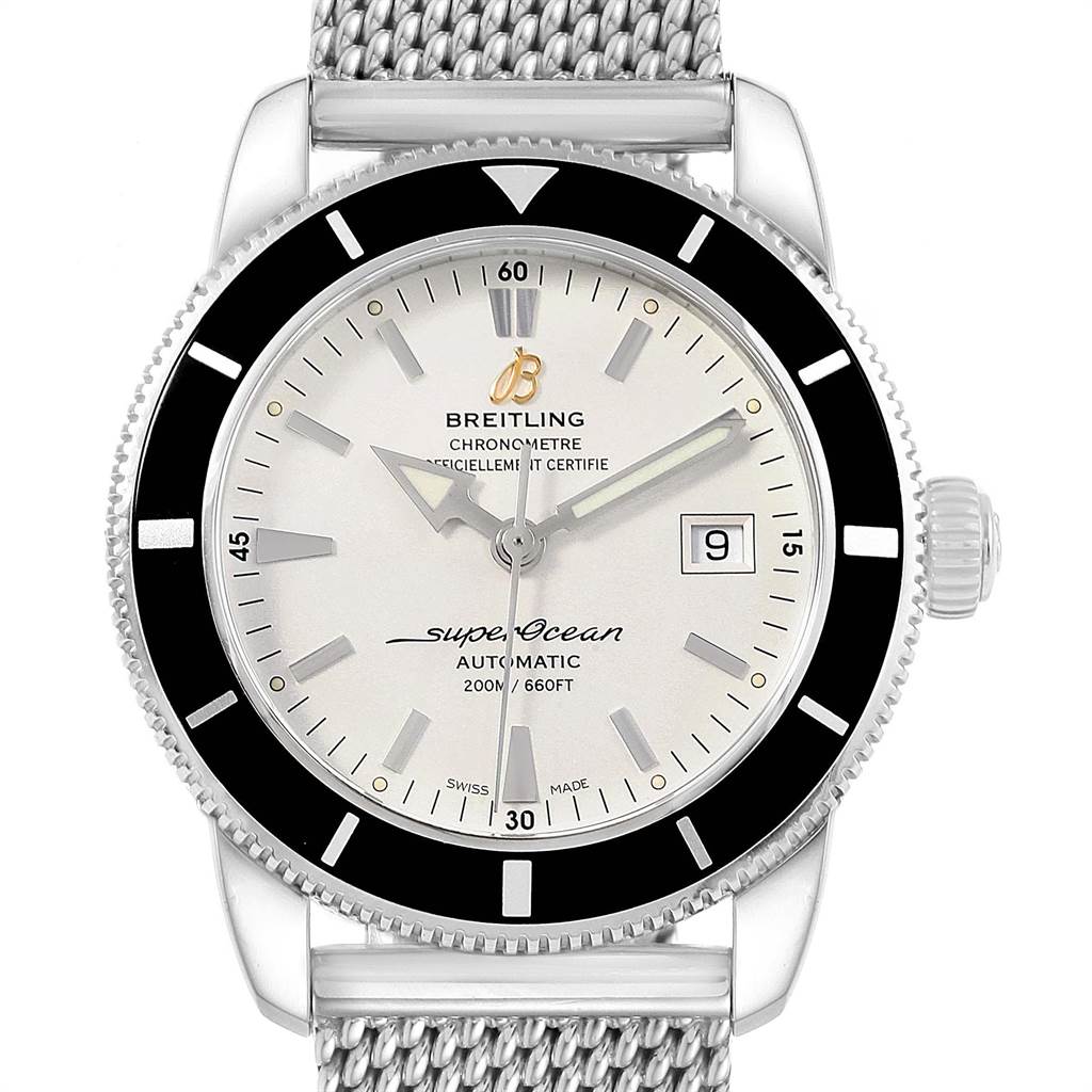 This image shows a frontal view of the Breitling Superocean A17321 Men
s Stainless Steel Silver Dial A17321 Men
s Stainless Steel Silver Dial watch, displaying its dial, bezel, crown, and mesh strap.