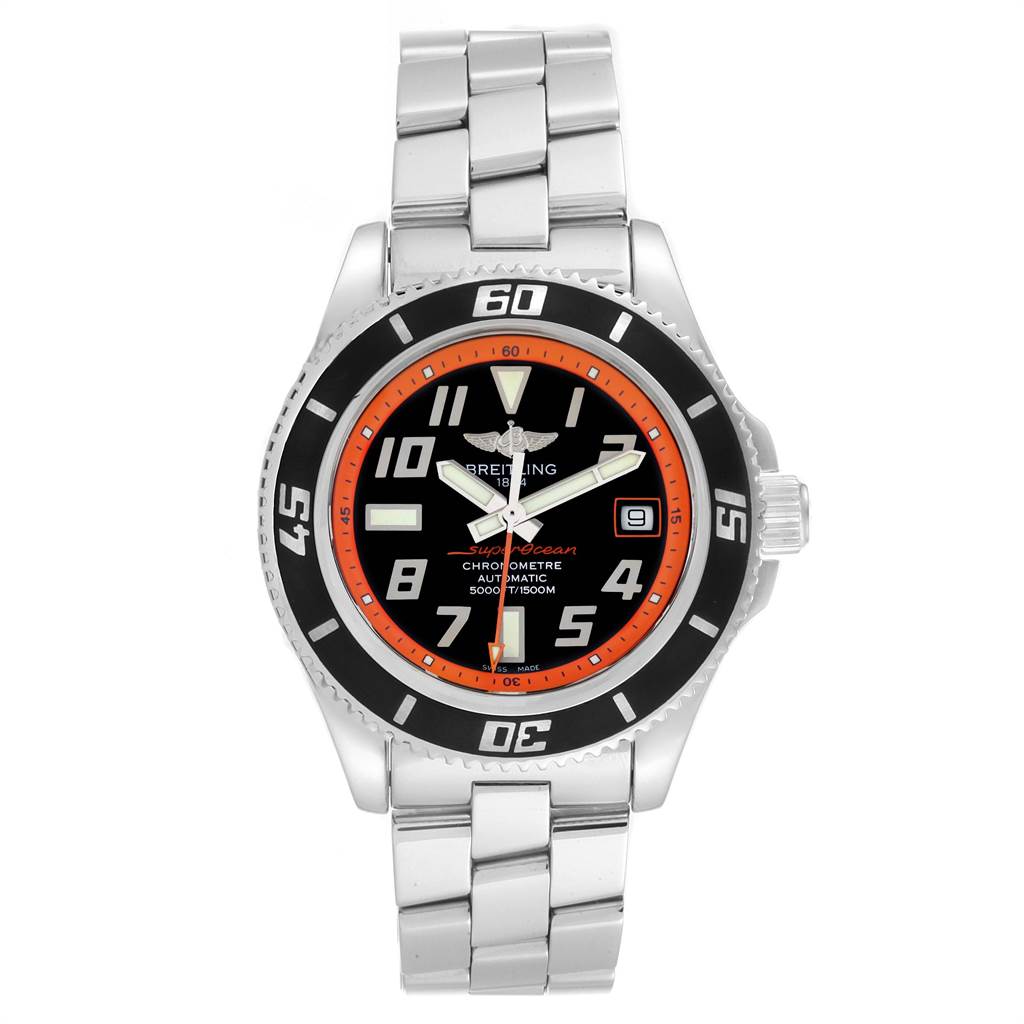 This image shows a front view of the Breitling Superocean A17364 Men's Stainless Steel Black Dial A17364 Men's Stainless Steel Black Dial model watch, displaying its face, bezel, and bracelet.