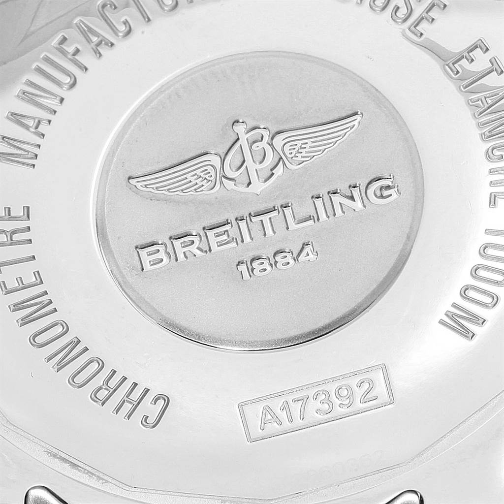 The image shows a close-up of the back of a Breitling Superocean A17392D8/C910 Men's Stainless Steel Black Dial A17392D8/C910 Men's Stainless Steel Black Dial watch, highlighting the brand logo and model number.