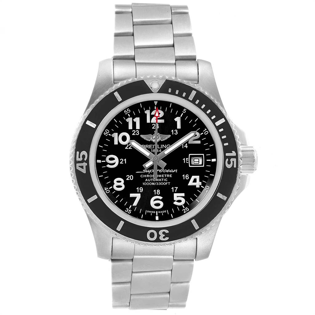 The image shows a front view of the Breitling Superocean A17392D8/C910 Men's Stainless Steel Black Dial A17392D8/C910 Men's Stainless Steel Black Dial watch, highlighting its dial, bezel, and metal bracelet.