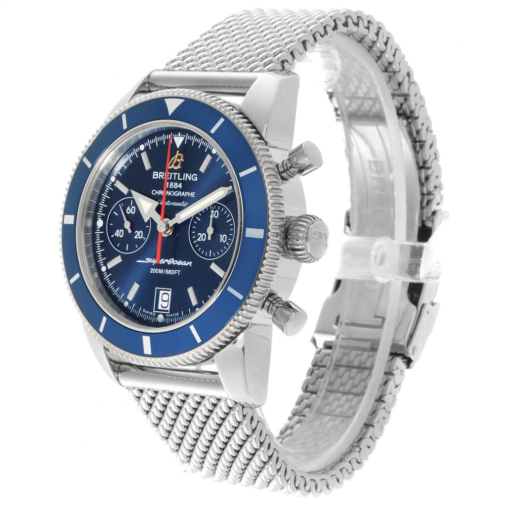 The image shows a Breitling Superocean A2337 Men
s Stainless Steel Blue Dial A2337 Men
s Stainless Steel Blue Dial watch angled to display its dial, bezel, crown, pushers, and mesh bracelet.