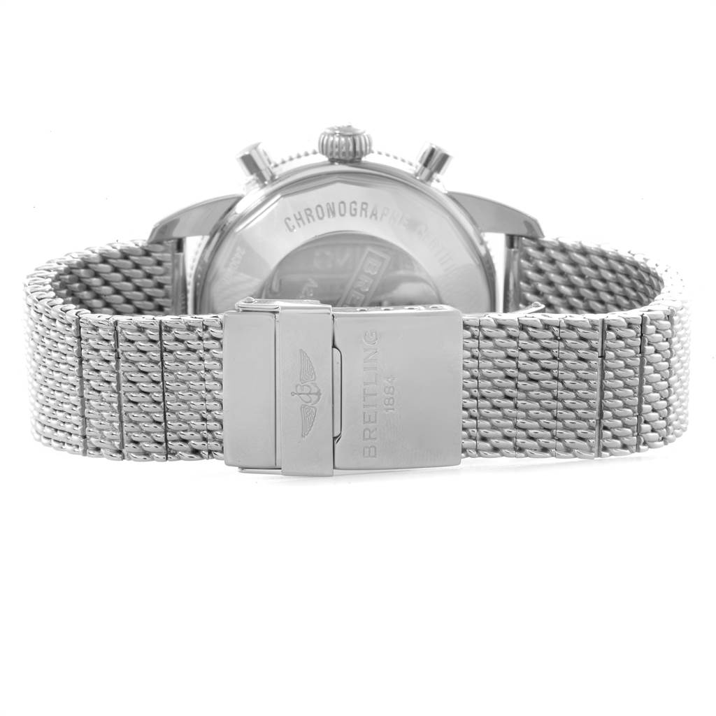 This image shows the back view of a Breitling Superocean A2337 Men
s Stainless Steel Blue Dial A2337 Men
s Stainless Steel Blue Dial watch, highlighting the clasp and stainless steel mesh bracelet.