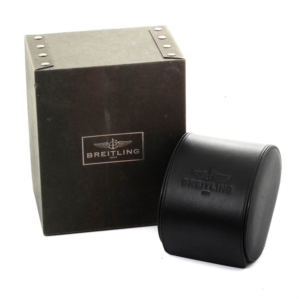 The image shows a Breitling Superocean A2337 Men
s Stainless Steel Blue Dial A2337 Men
s Stainless Steel Blue Dial watch box and a black leather travel case from a front angle.