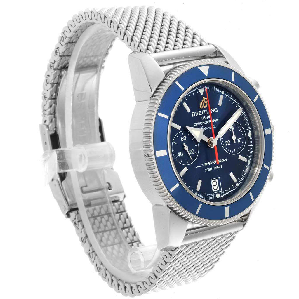 The Breitling Superocean A2337 Men
s Stainless Steel Blue Dial A2337 Men
s Stainless Steel Blue Dial watch is shown at a slight angle, highlighting the blue dial, bezel, and mesh strap.