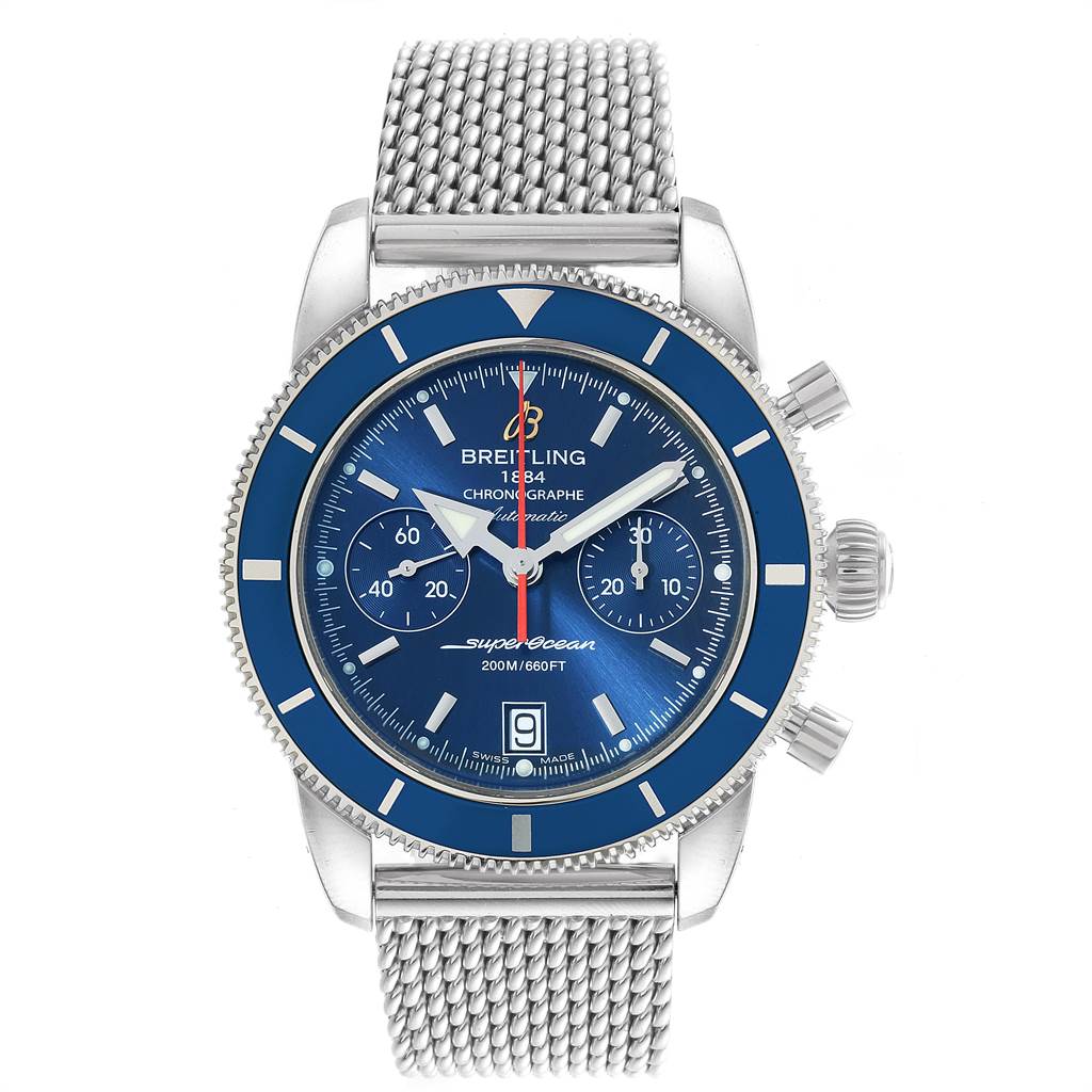 The image shows a frontal view of a Breitling Superocean A2337 Men
s Stainless Steel Blue Dial A2337 Men
s Stainless Steel Blue Dial watch, featuring a blue dial and a silver mesh bracelet.