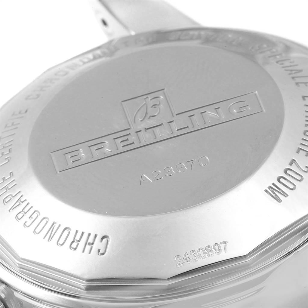 The image shows the case back of a Breitling Superocean A2337 Men
s Stainless Steel Blue Dial A2337 Men
s Stainless Steel Blue Dial watch, displaying its branding and serial information.