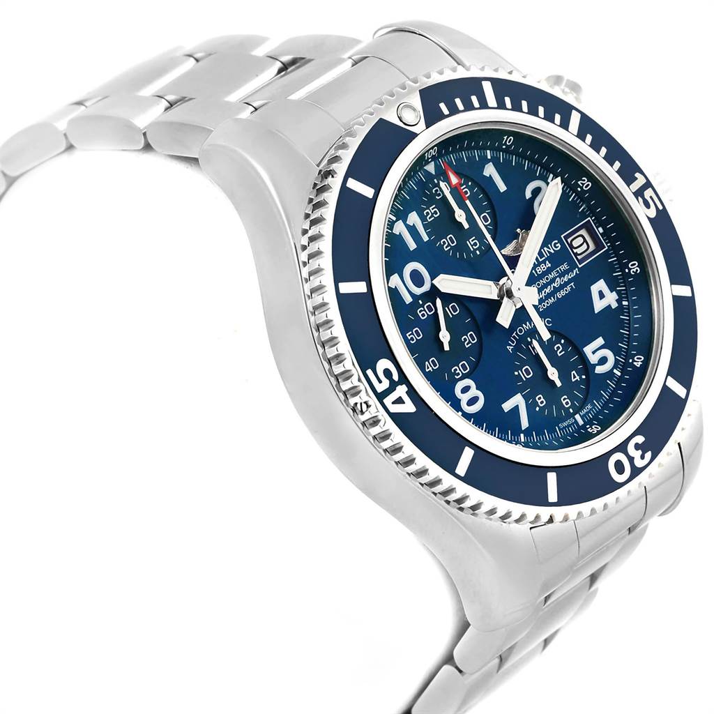 The image shows a side angle of the Breitling Superocean A13311 Men's Stainless Steel Blue Dial A13311 Men's Stainless Steel Blue Dial watch, highlighting its blue dial, bezel, and stainless steel bracelet.