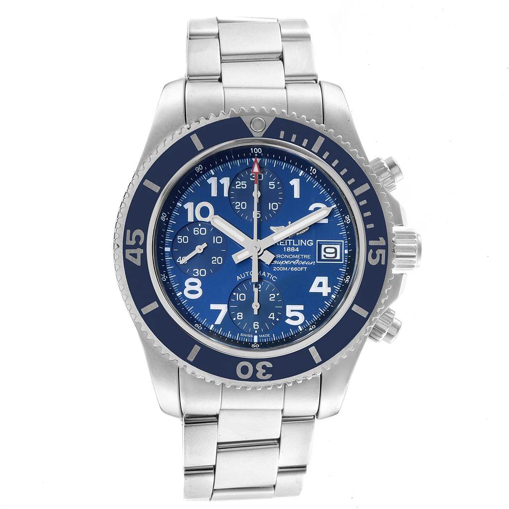 The image shows a front view of a Breitling Superocean A13311 Men's Stainless Steel Blue Dial A13311 Men's Stainless Steel Blue Dial watch, focusing on its face, bezel, and stainless steel bracelet.