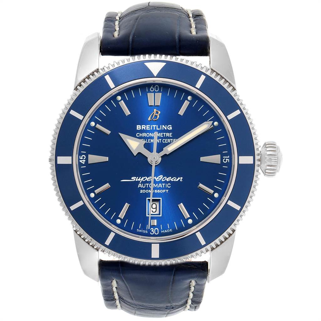 This image shows a front view of the Breitling Superocean A17320 Men's Stainless Steel Blue Dial A17320 Men's Stainless Steel Blue Dial watch, highlighting its blue dial, bezel, and leather strap.