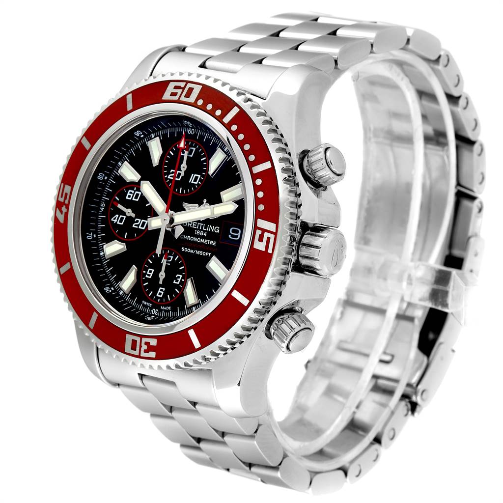 The Breitling Superocean A13341 Men's Stainless Steel Black Dial A13341 Men's Stainless Steel Black Dial watch is shown at a three-quarter angle, highlighting its stainless steel bracelet, red bezel, and chronograph dials.