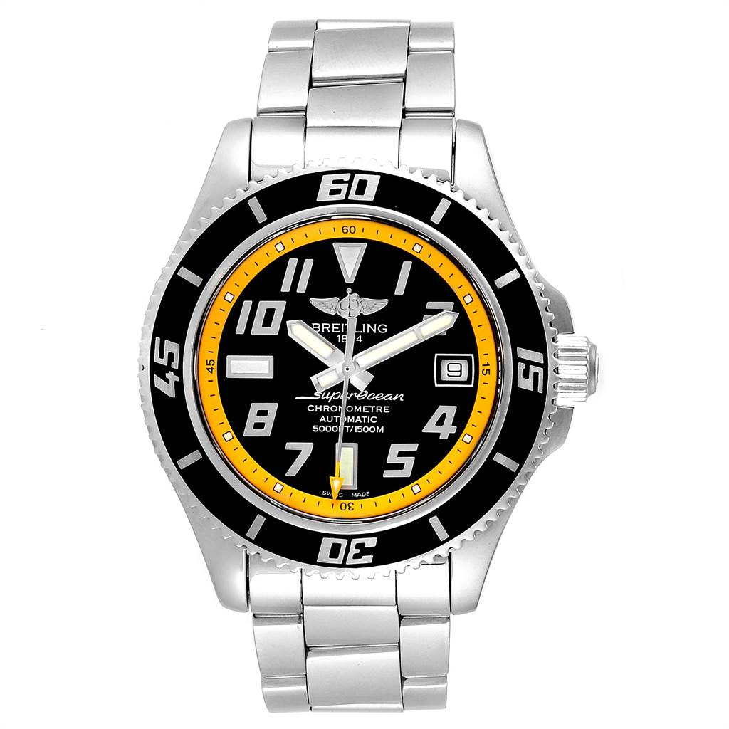 The image shows a front view of a Breitling Superocean A17364 Men's Stainless Steel Black Dial A17364 Men's Stainless Steel Black Dial watch, featuring its dial, bezel, and stainless steel bracelet.