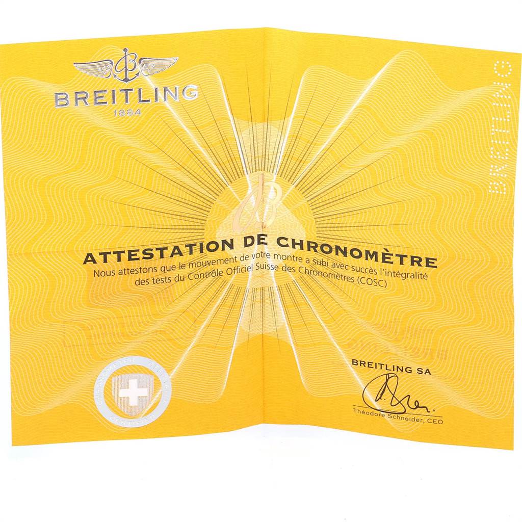 This image shows a Breitling Avenger XB0180E4/I534 Men's Titanium Yellow Dial XB0180E4/I534 Men's Titanium Yellow Dial Attestation de Chronomètre certificate from a front angle.