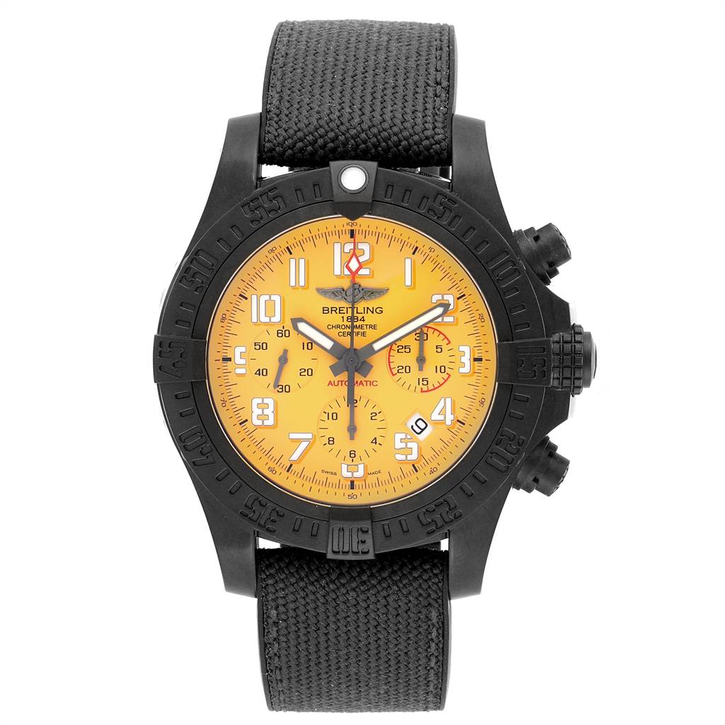 This is a frontal view of a Breitling Avenger XB0180E4/I534 Men's Titanium Yellow Dial XB0180E4/I534 Men's Titanium Yellow Dial watch featuring a yellow dial and a black strap.