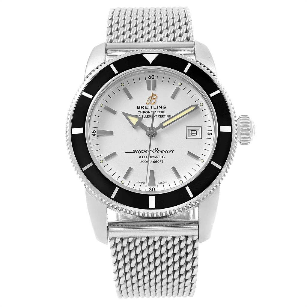 The image shows a frontal view of a Breitling Superocean A17321 Men's Stainless Steel Silver Dial A17321 Men's Stainless Steel Silver Dial watch with a mesh metal strap, bezel, crown, and date window visible.