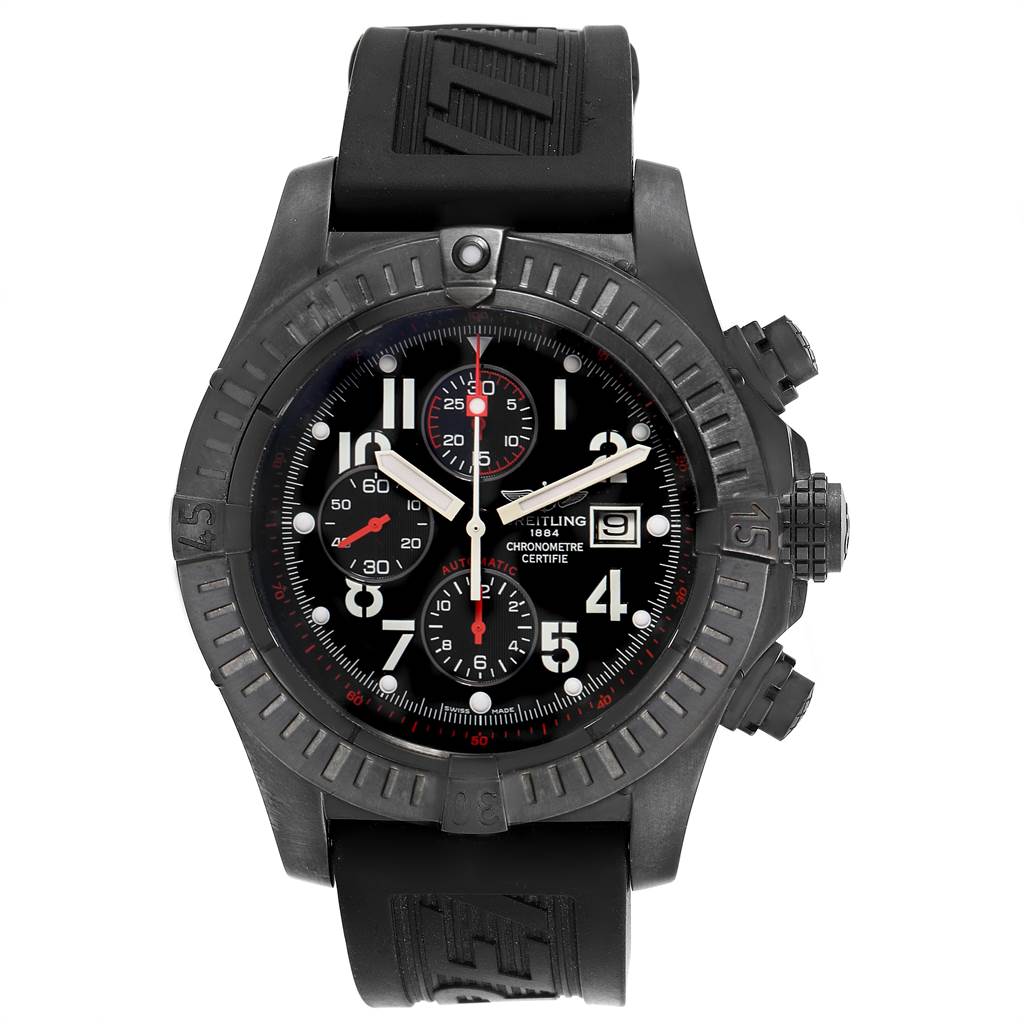 This image shows a front view of a Breitling Avenger M13370 Men's Stainless Steel Black Dial M13370 Men's Stainless Steel Black Dial watch, displaying its dial, bezel, and part of the rubber strap.