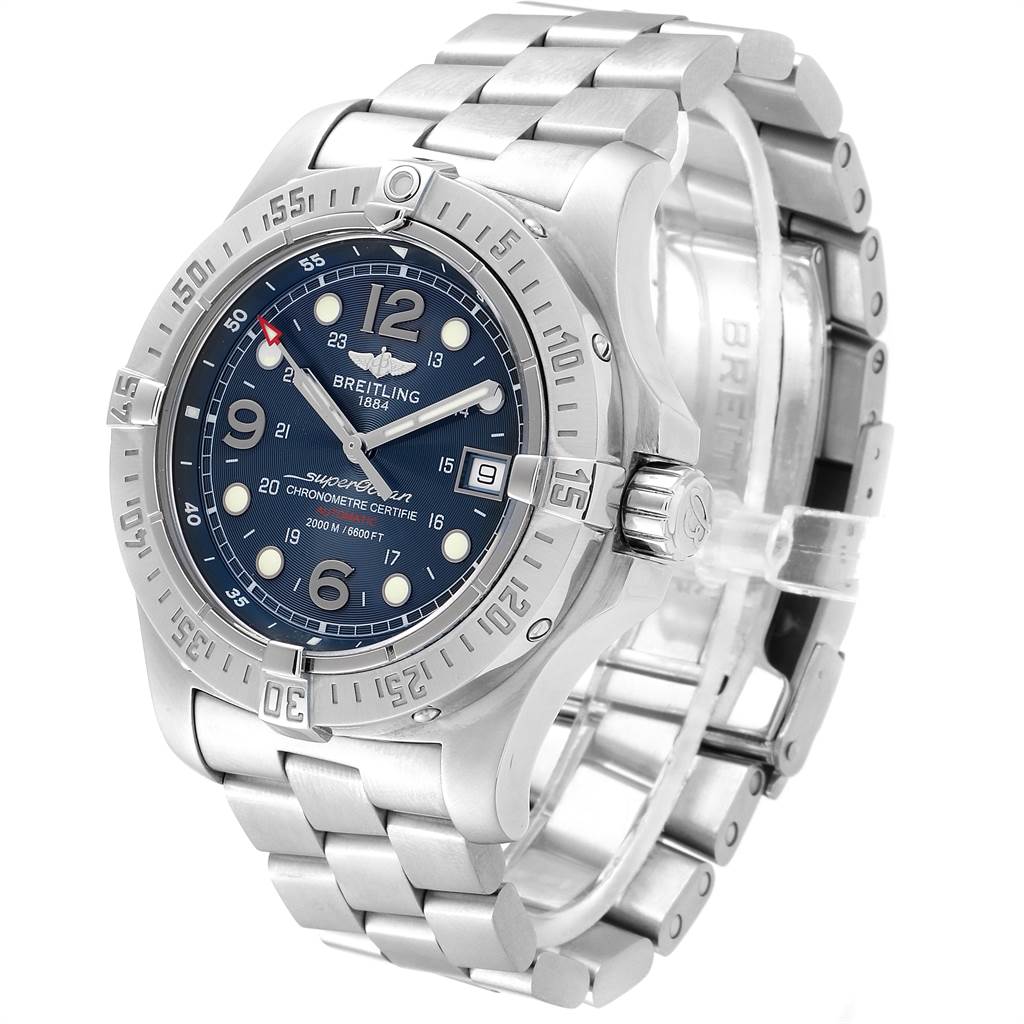 The image shows a Breitling Superocean A17390 Men's Stainless Steel Blue Dial A17390 Men's Stainless Steel Blue Dial watch at a three-quarter angle, highlighting the dial, bezel, and stainless steel bracelet.