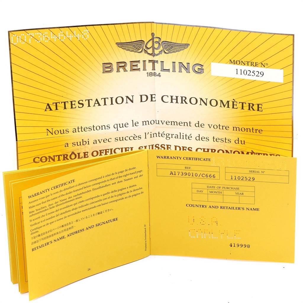 This image shows the warranty certificate and chronometer certification documents for a Breitling Superocean A17390 Men's Stainless Steel Blue Dial A17390 Men's Stainless Steel Blue Dial model.