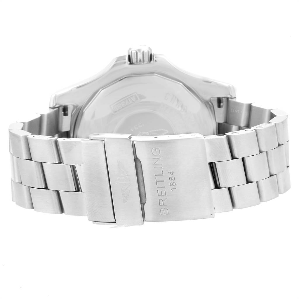 The image shows the back of a Breitling Superocean A17390 Men's Stainless Steel Blue Dial A17390 Men's Stainless Steel Blue Dial watch with its metal bracelet and clasp.