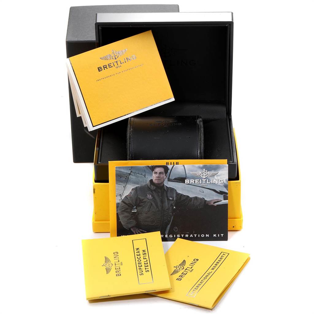 The image shows the packaging, manuals, and a registration kit for a Breitling Superocean A17390 Men's Stainless Steel Blue Dial A17390 Men's Stainless Steel Blue Dial watch.