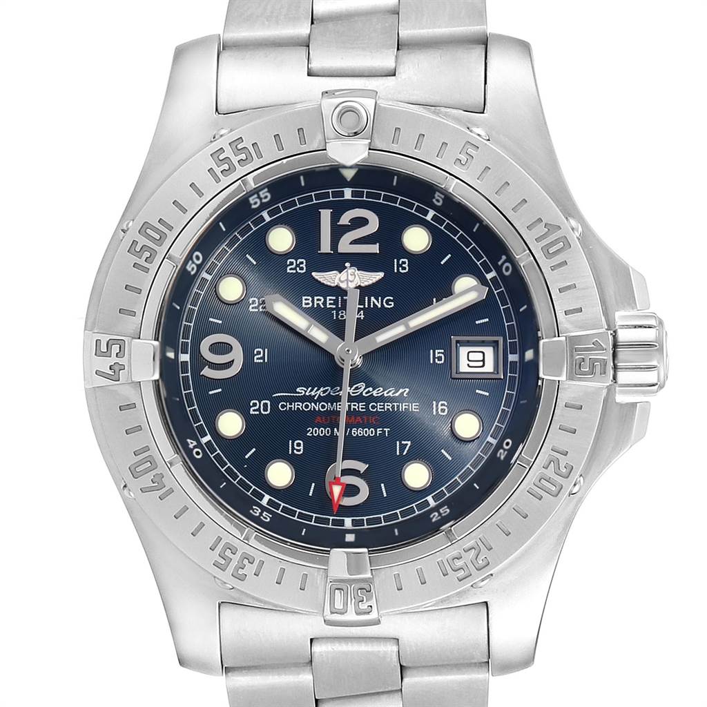 The image shows a front view of the Breitling Superocean A17390 Men's Stainless Steel Blue Dial A17390 Men's Stainless Steel Blue Dial watch, highlighting the dial, bezel, crown, and bracelet.