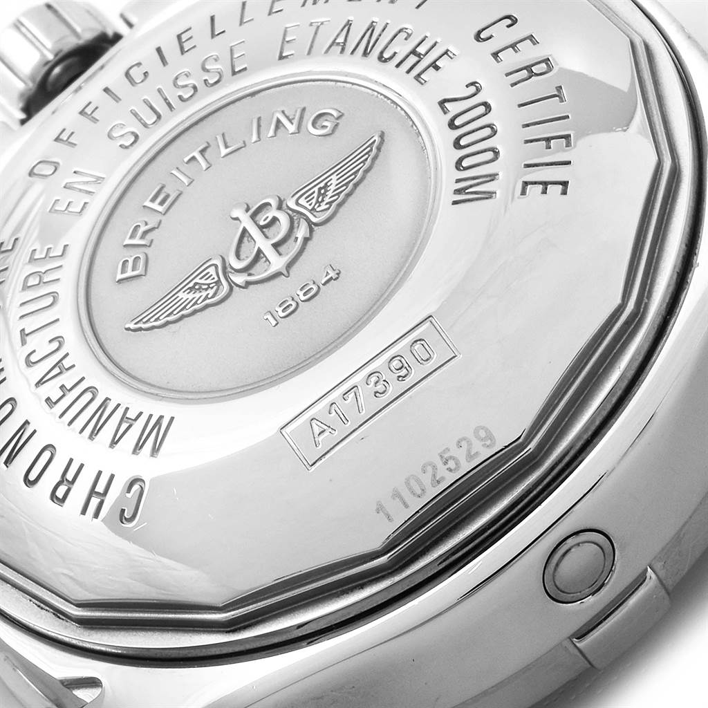 The image shows the back case of a Breitling Superocean A17390 Men's Stainless Steel Blue Dial A17390 Men's Stainless Steel Blue Dial watch, emphasizing the branding and certification details.