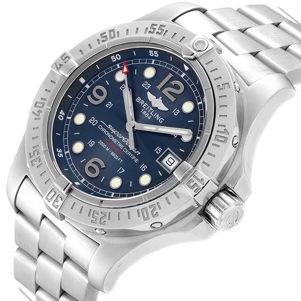 The image shows a Breitling Superocean A17390 Men's Stainless Steel Blue Dial A17390 Men's Stainless Steel Blue Dial watch at an angled close-up, highlighting the dial, bezel, bracelet, and crown.