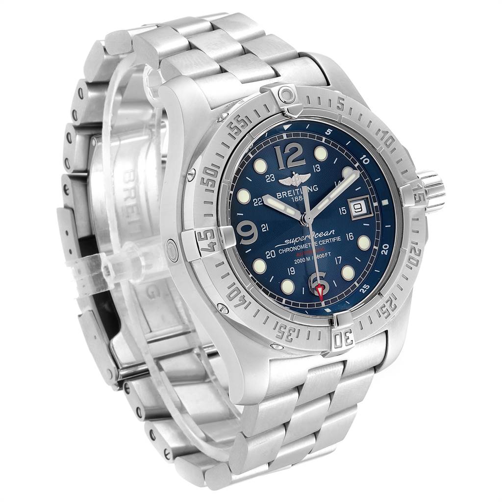 This image shows a Breitling Superocean A17390 Men's Stainless Steel Blue Dial A17390 Men's Stainless Steel Blue Dial watch at a slight left-side angle, highlighting the face, bezel, and metal bracelet.