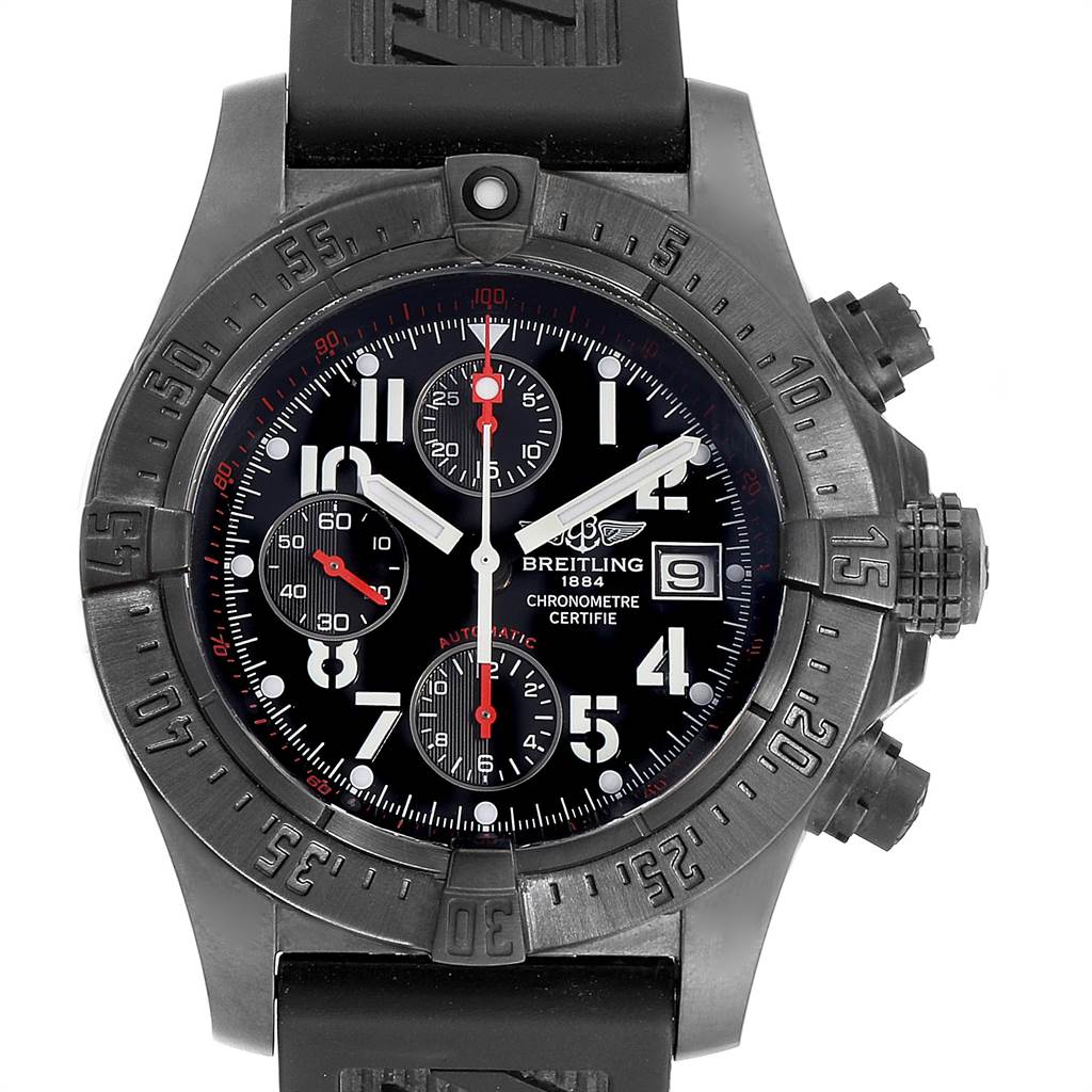 The Breitling Avenger M13380 Men's Stainless Steel Black Dial M13380 Men's Stainless Steel Black Dial watch is shown from a front angle, displaying the dial, bezel, buttons, and part of the strap.