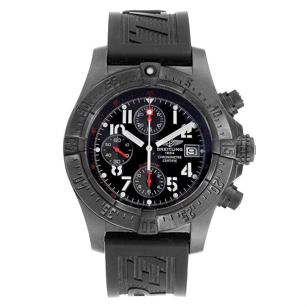 The Breitling Avenger M13380 Men's Stainless Steel Black Dial M13380 Men's Stainless Steel Black Dial watch is shown from a front angle, displaying its face, bezel, and rubber strap.