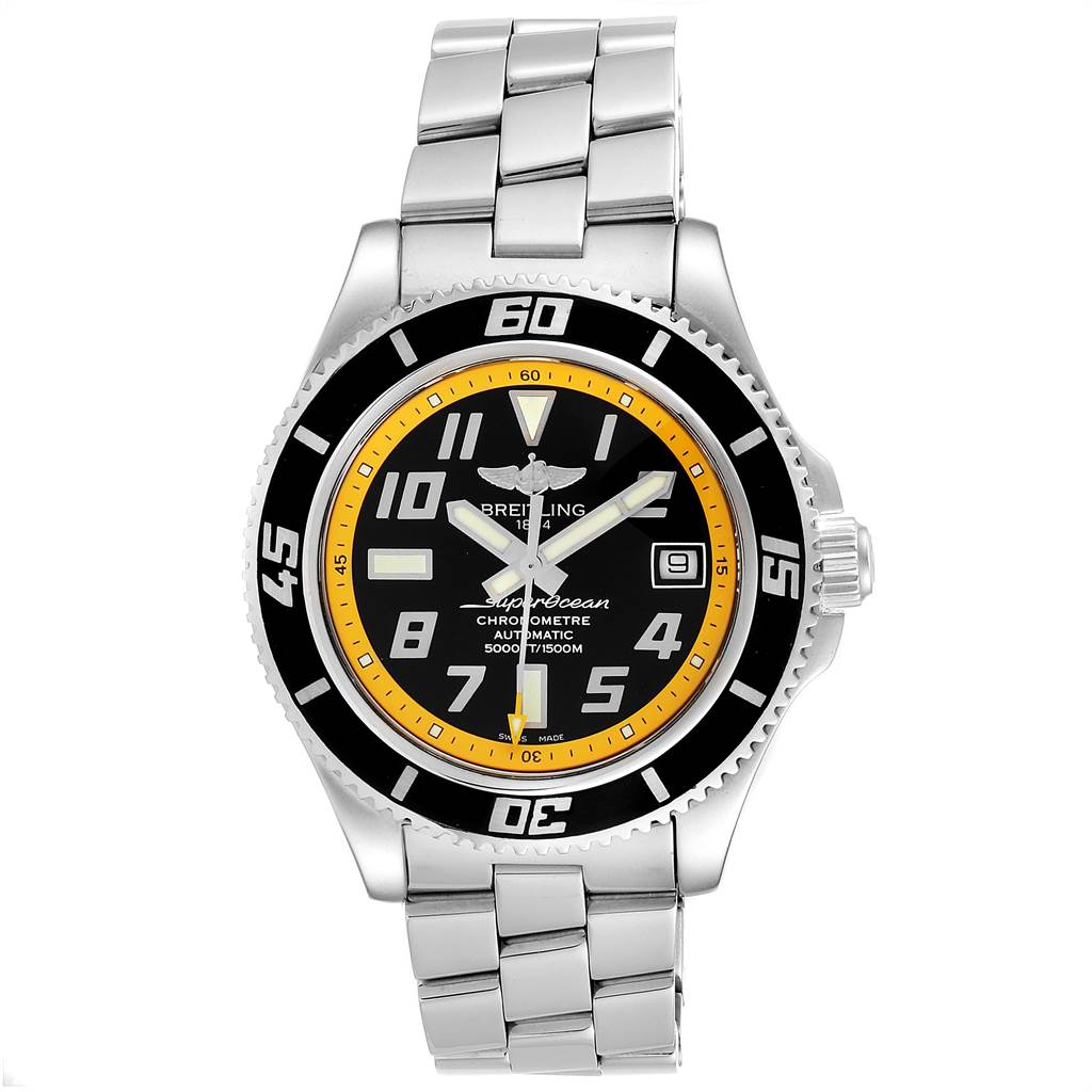 The image shows a front view of the Breitling Superocean A17364 Men's Stainless Steel Black Dial A17364 Men's Stainless Steel Black Dial watch, highlighting its dial, bezel, and stainless steel bracelet.