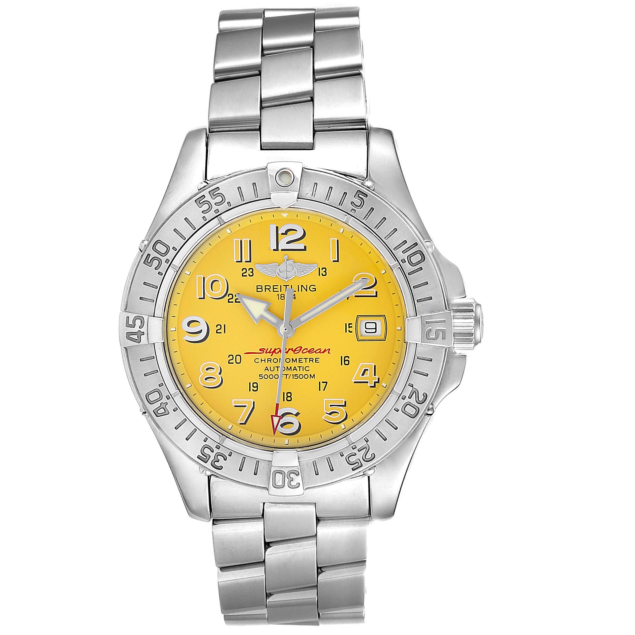 This image shows a Breitling Superocean A17360 Men's Stainless Steel Yellow Dial A17360 Men's Stainless Steel Yellow Dial watch taken from a front angle, highlighting its yellow dial, bezel, and metal bracelet.