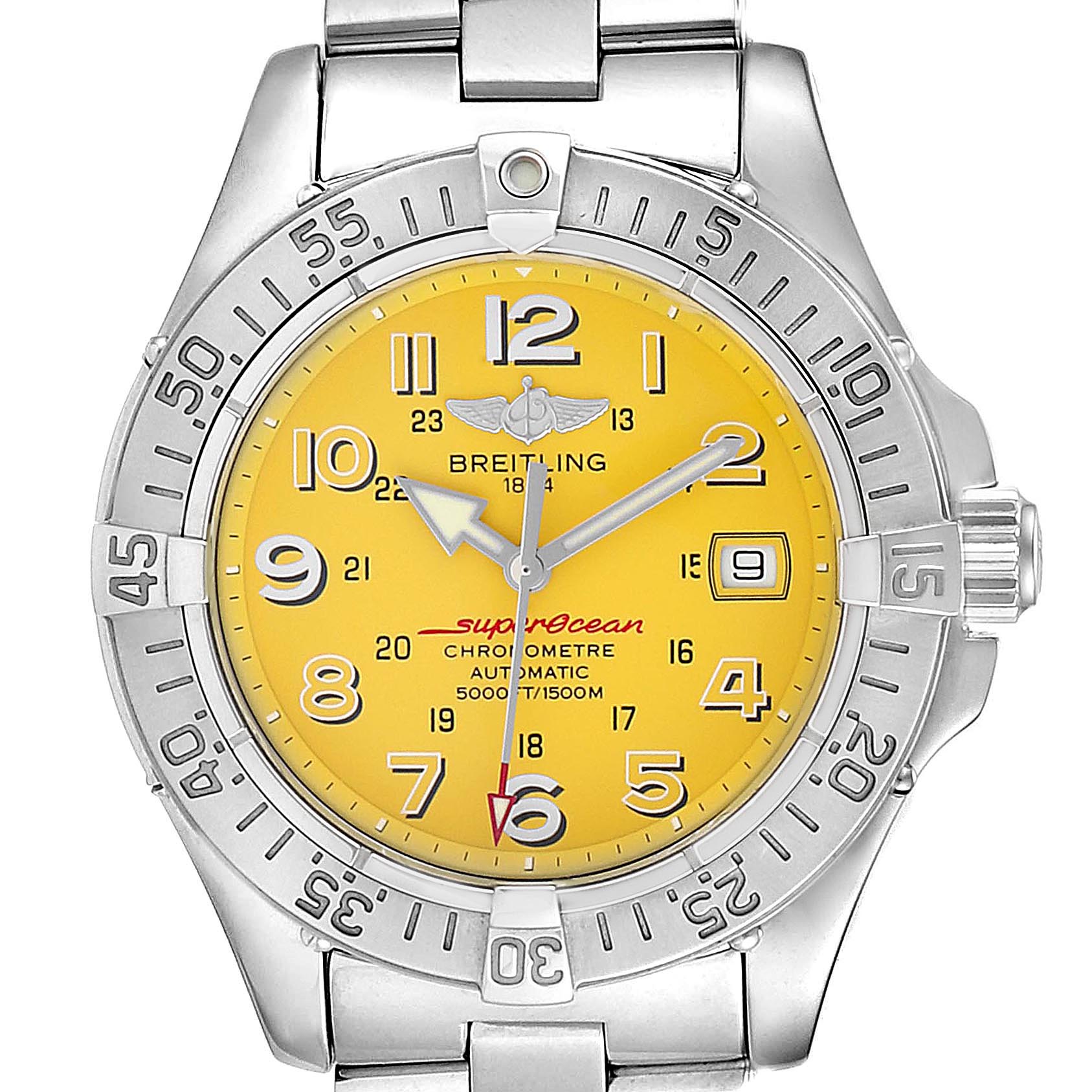 The image shows a front view of a Breitling Superocean A17360 Men's Stainless Steel Yellow Dial A17360 Men's Stainless Steel Yellow Dial watch with a yellow dial and silver bezel.