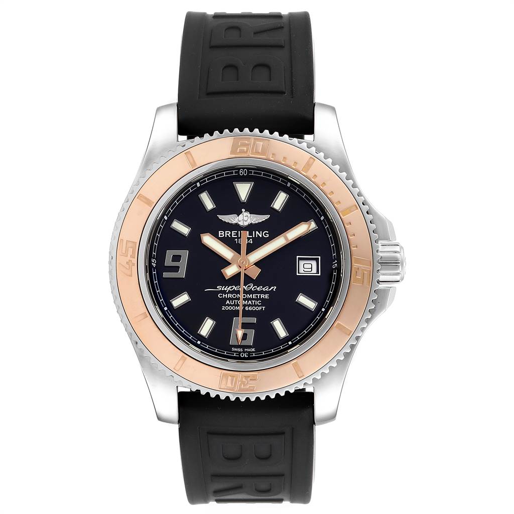 The image shows a front view of a Breitling Superocean C17391 Men's Stainless Steel Black Dial C17391 Men's Stainless Steel Black Dial watch with a black dial, a two-tone bezel, and a black rubber strap.