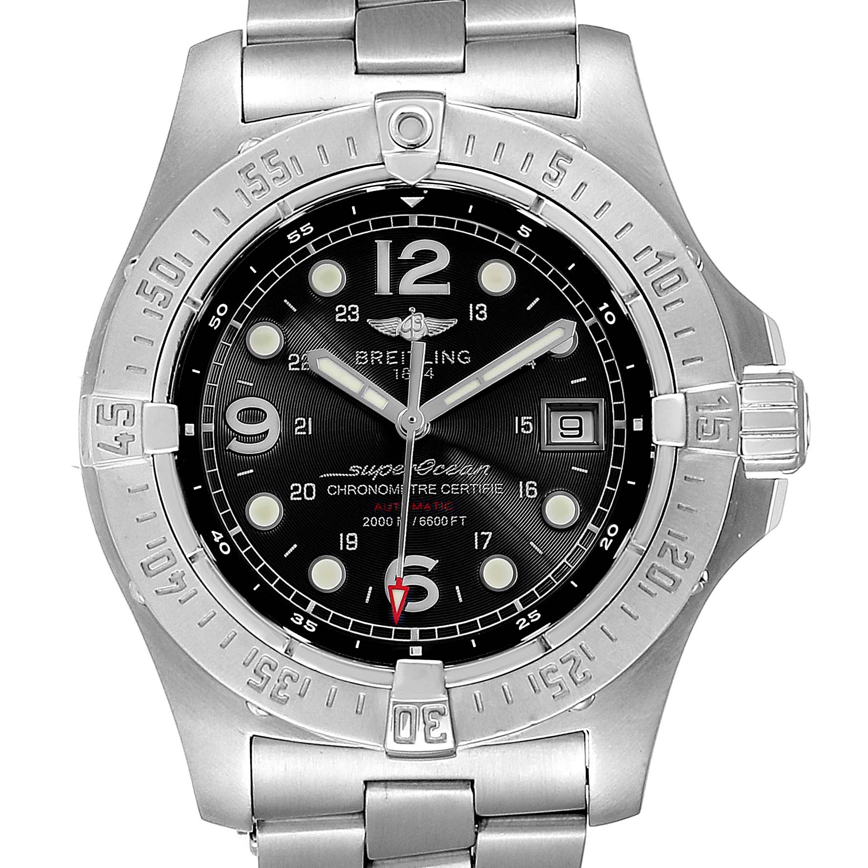This image shows a front angle of the Breitling Superocean A17390 Men's Stainless Steel Black Dial A17390 Men's Stainless Steel Black Dial watch, highlighting the dial, bezel, crown, and bracelet.
