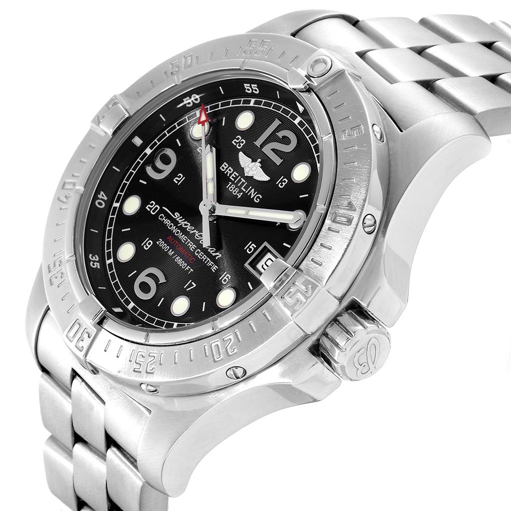 This image shows a Breitling Superocean A17390 Men's Stainless Steel Black Dial A17390 Men's Stainless Steel Black Dial watch from an angle that highlights its face, bezel, crown, and part of the bracelet.