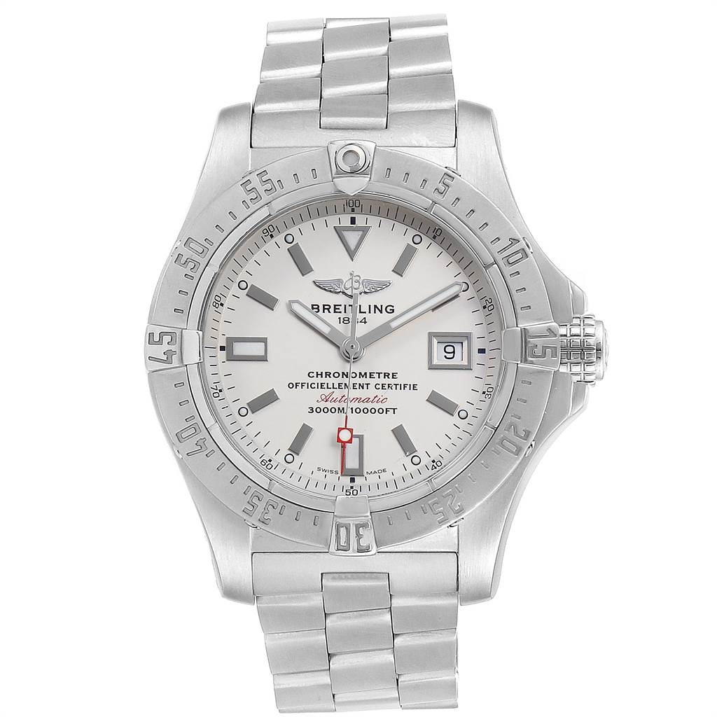 The image shows a frontal view of the Breitling Avenger A17330 Men's Stainless Steel Silver Dial A17330 Men's Stainless Steel Silver Dial watch displaying its dial, bezel, crown, and metal bracelet.