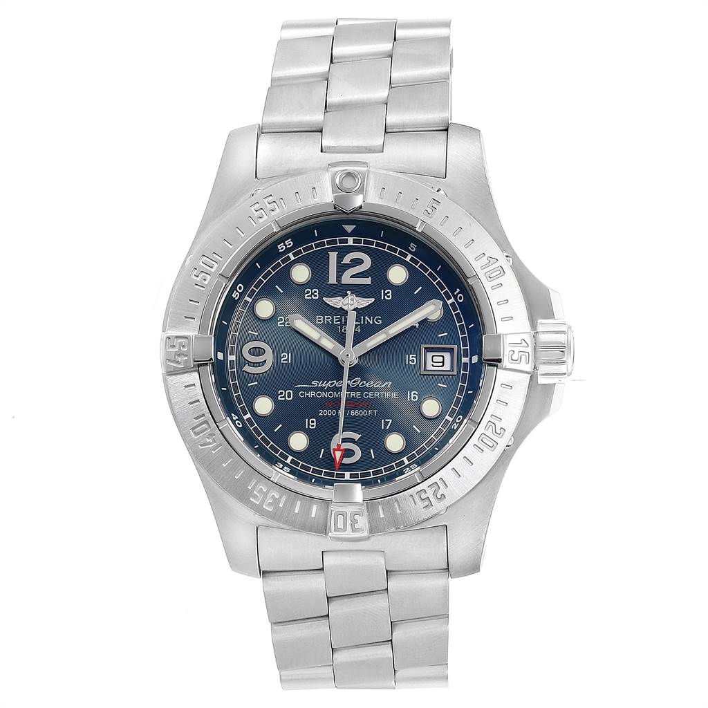 The image shows a front view of the Breitling Superocean A17390 Men's Stainless Steel Blue Dial A17390 Men's Stainless Steel Blue Dial watch, displaying the dial, bezel, crown, and metal bracelet.