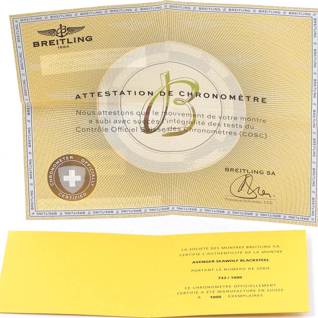 The image shows a Breitling chronometer certificate and a yellow authenticity card for the Avenger model watch.