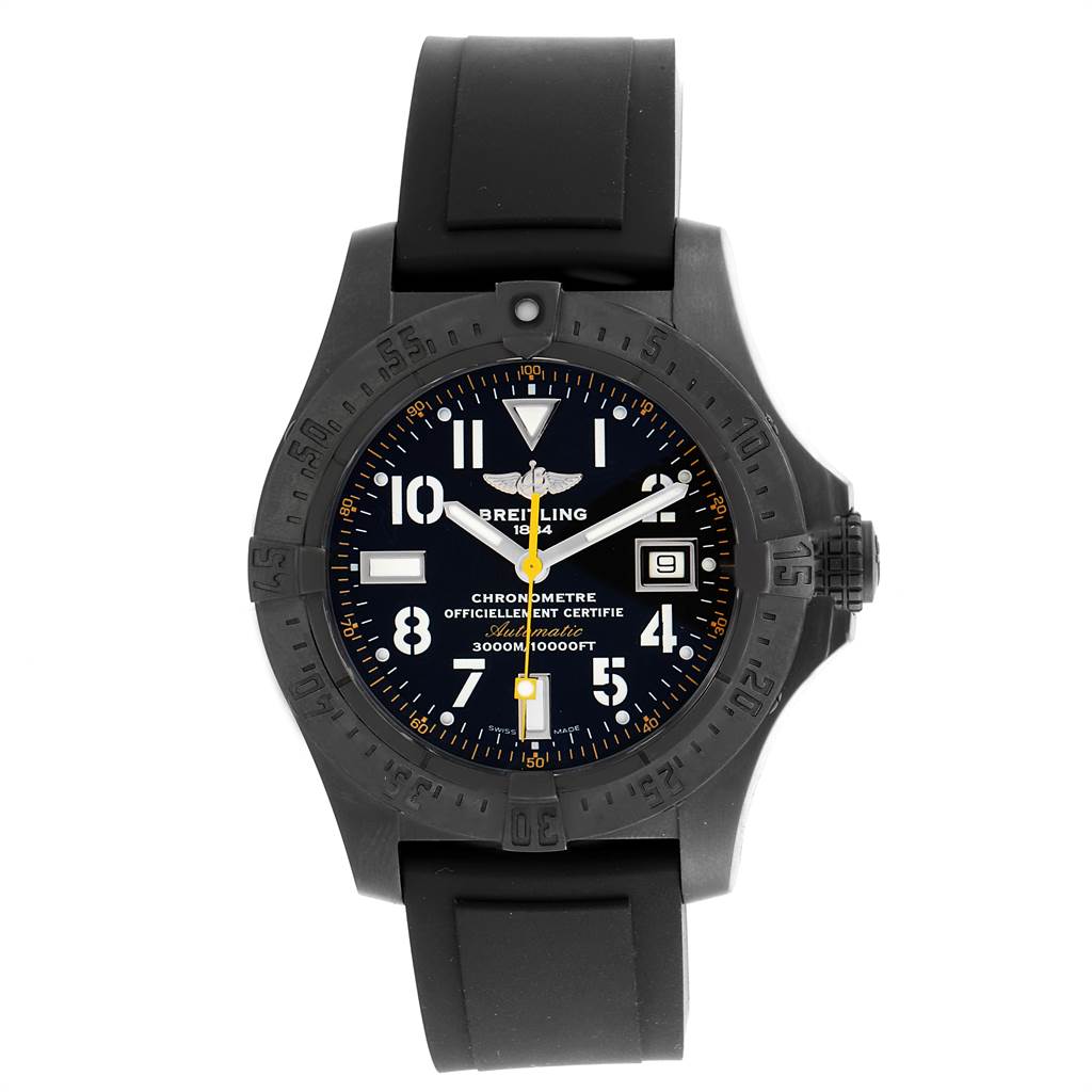 This image shows a front view of the Breitling Avenger M17330 Men's Stainless Steel Black Dial M17330 Men's Stainless Steel Black Dial watch, displaying the dial, bezel, and rubber strap.