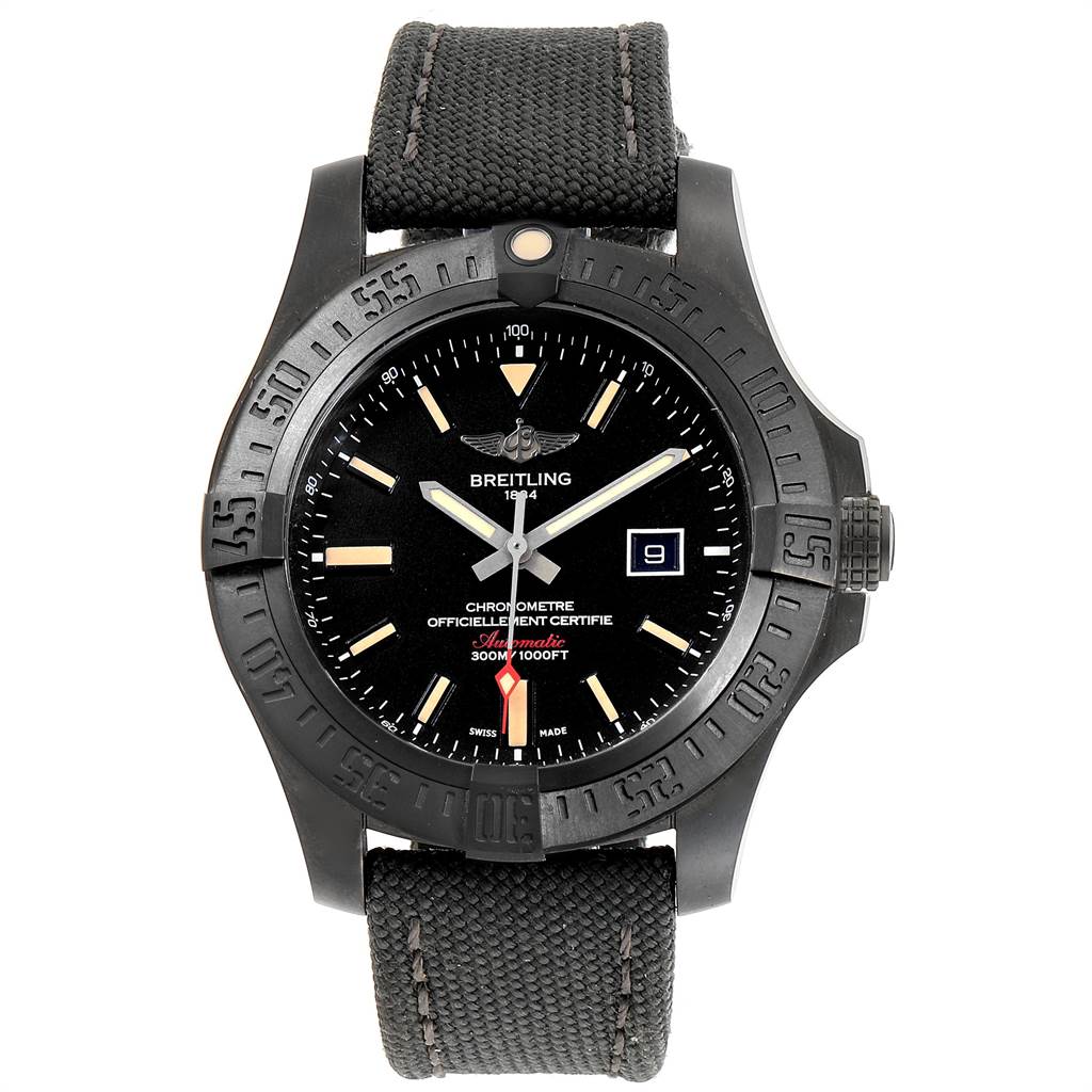 The image shows a front view of the Breitling Avenger V17310 Men's Titanium Black Dial V17310 Men's Titanium Black Dial watch, highlighting its black dial, bezel, and strap.