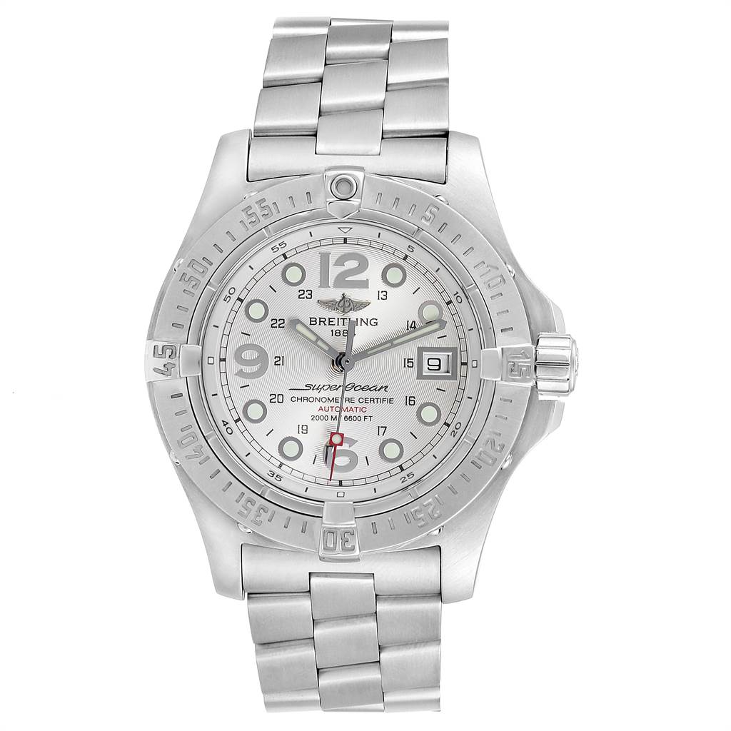 The image shows a front view of a Breitling Superocean A17390 Men's Stainless Steel Silver Dial A17390 Men's Stainless Steel Silver Dial watch, displaying the face, bezel, and metal bracelet.