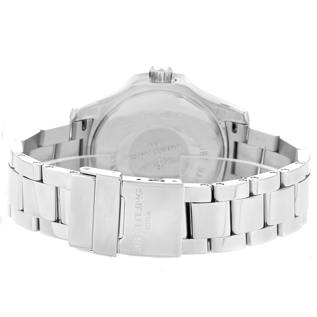 The image shows the back view of the Breitling Superocean A17391 Men's Stainless Steel Blue Dial A17391 Men's Stainless Steel Blue Dial watch, focusing on the case back and metal bracelet with a clasp.