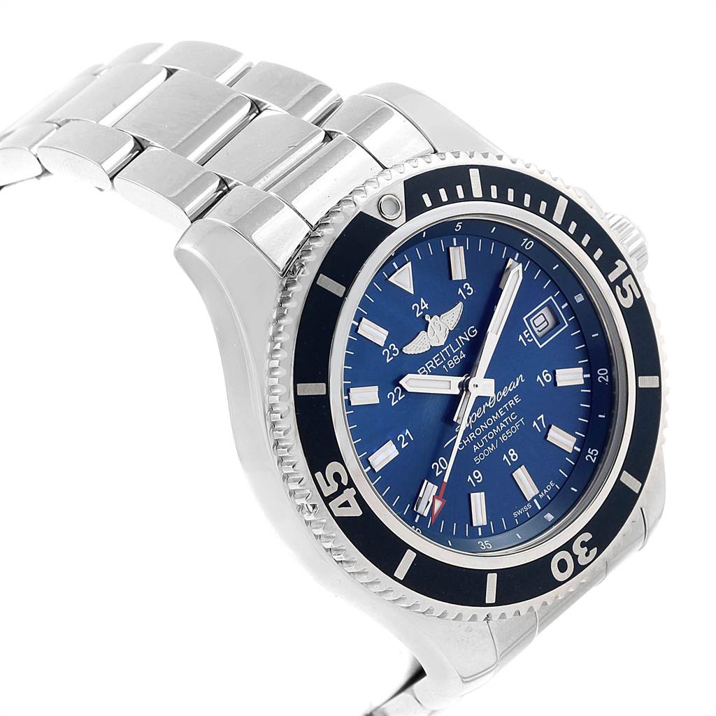 This Breitling Superocean A17391 Men's Stainless Steel Blue Dial A17391 Men's Stainless Steel Blue Dial watch is shown at an angle highlighting the blue dial, bezel, and part of the stainless steel bracelet.