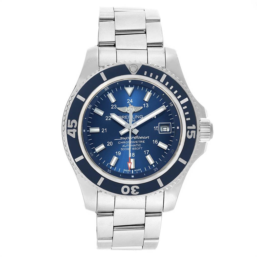 The image shows a front view of a Breitling Superocean A17391 Men's Stainless Steel Blue Dial A17391 Men's Stainless Steel Blue Dial watch, highlighting its dial, bezel, and stainless steel bracelet.