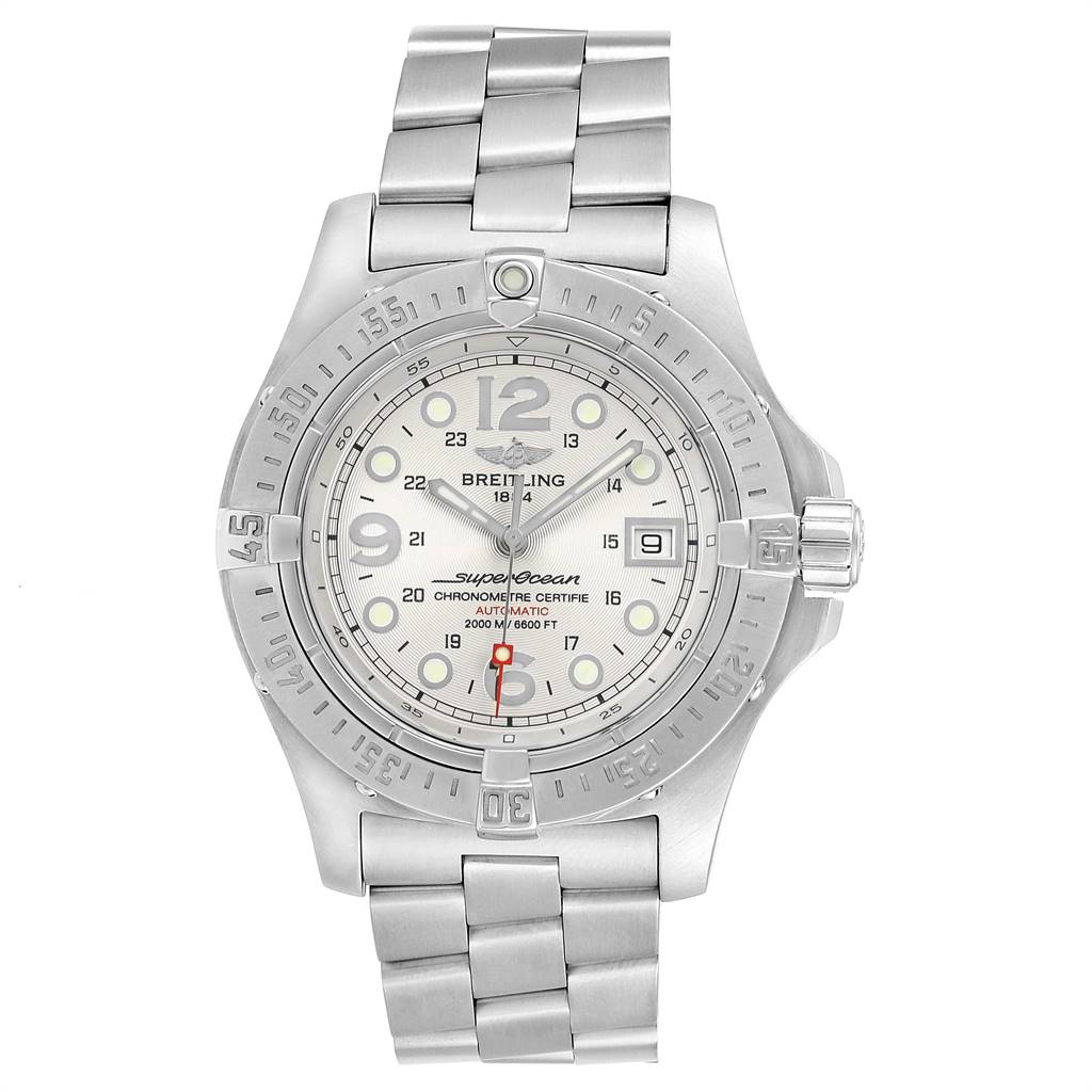 The image shows a front view of the Breitling Superocean A17390 Men's Stainless Steel Silver Dial A17390 Men's Stainless Steel Silver Dial watch, displaying its face, bezel, crown, lugs, and bracelet.