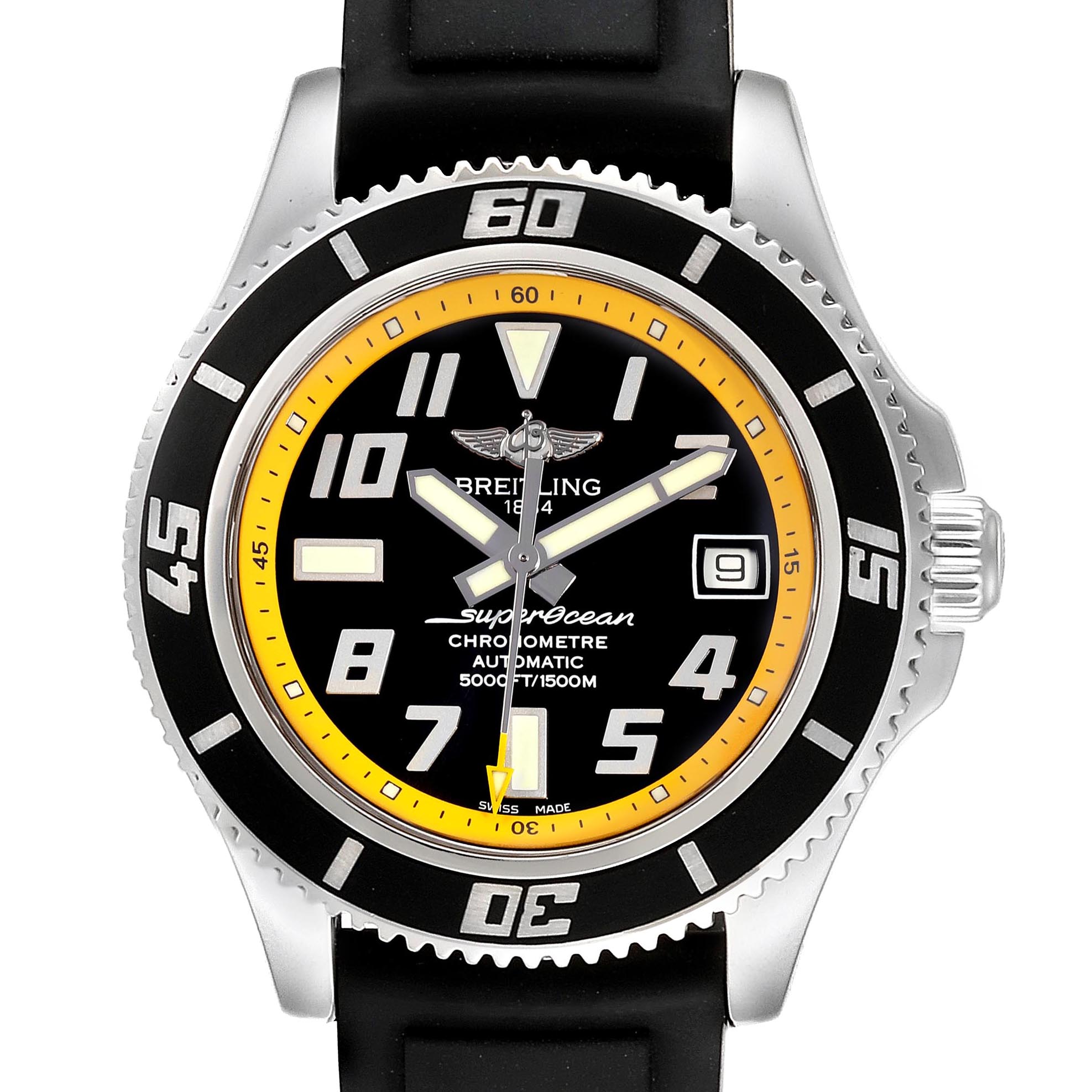 The image shows a front view of the Breitling Superocean A17364 Men's Stainless Steel Black Dial A17364 Men's Stainless Steel Black Dial watch, displaying the bezel, dial, hands, and rubber strap.