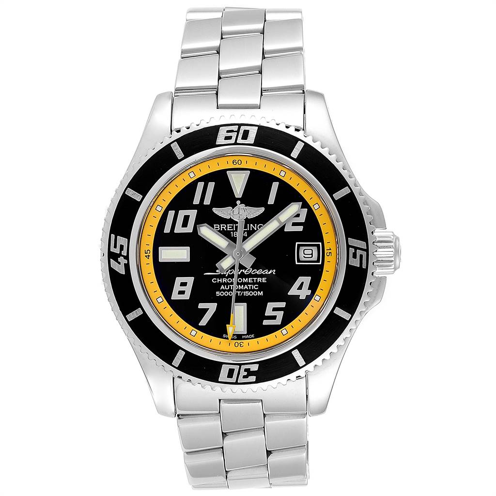 This image shows a front view of the Breitling Superocean A17364 Men's Stainless Steel Black Dial A17364 Men's Stainless Steel Black Dial watch, displaying its face, bezel, and metal bracelet.