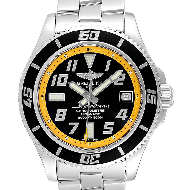 Breitling Superocean 42 Abyss Black Yellow Mens Watch A17364 Box Papers SwissWatchExpo