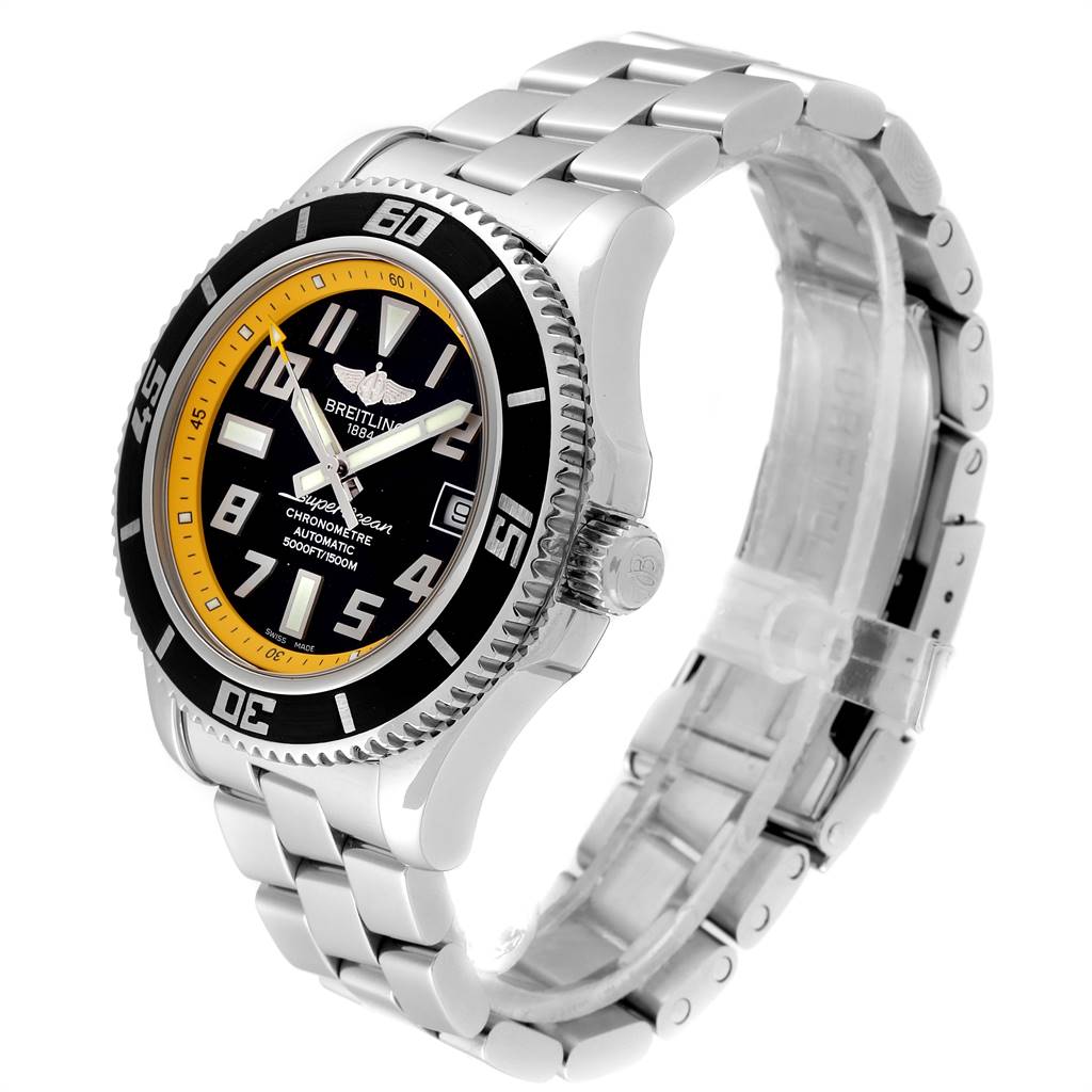 The Breitling Superocean A17364 Men's Stainless Steel Black Dial A17364 Men's Stainless Steel Black Dial watch is shown at an angled side view, highlighting its face, bezel, crown, and metal bracelet.